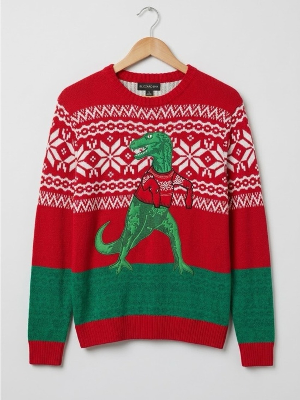 Blizzard Bay T-Rex Ugly Christmas Cotton Sweater Red Green White Fair Isle Small
